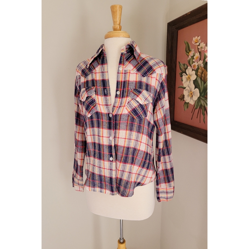 70s Plaid Cotton Gauze Long Sleeve 1970s Vintage Button Down India Cotton Blouse - Picture 15 of 15